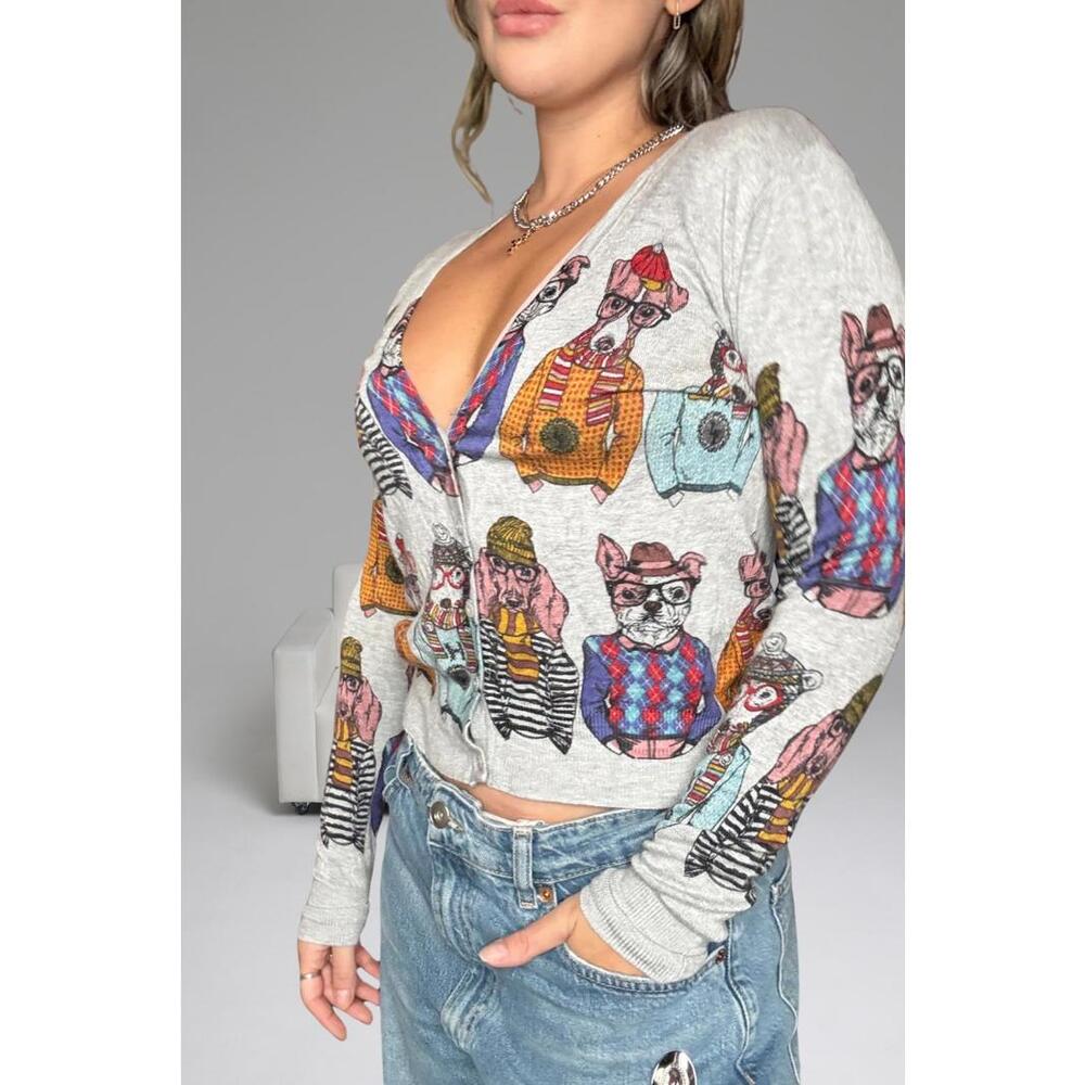 Grey Cardigan with Colourful Dog Print size